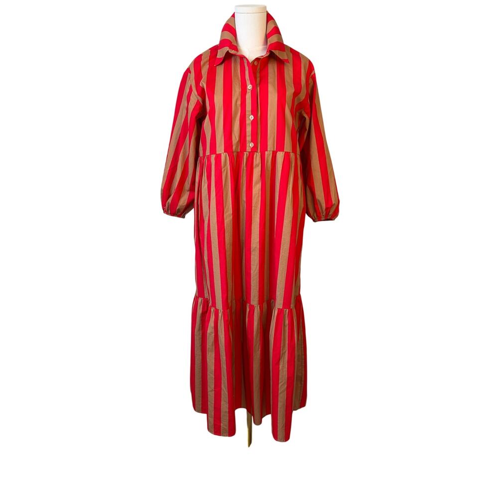 Maeve Bettina Tiered Striped Shirt Dress Red Tan Cotton XS Boho, Cottage Core